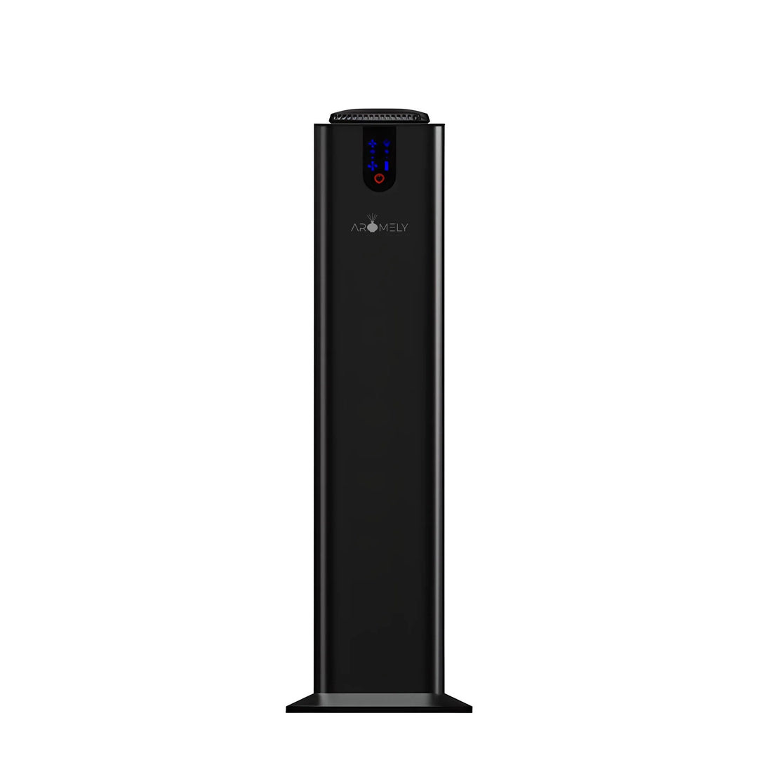 Aromely ARO-TOWER black scent diffuser covers 3,000 sq ft with Bluetooth and cold air diffusion