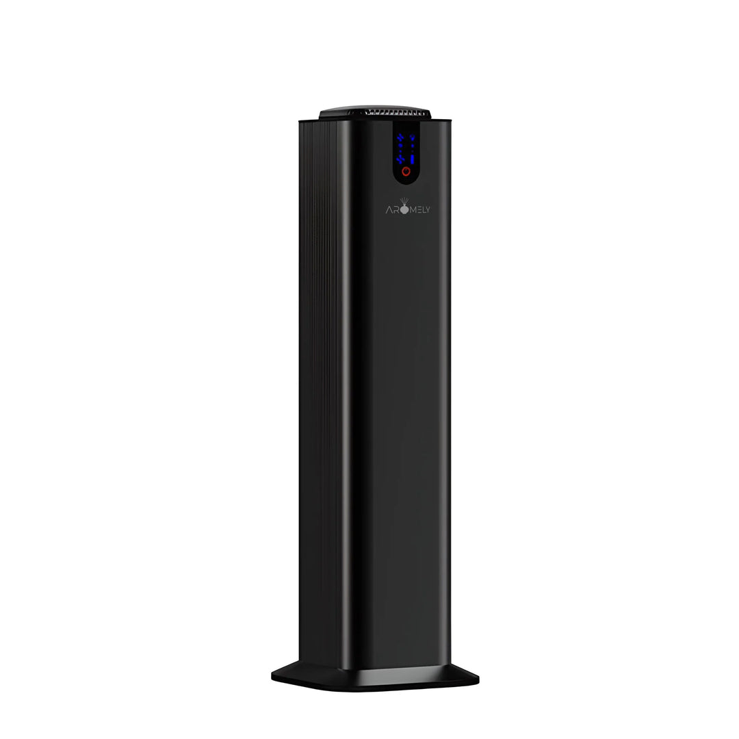 Aromely ARO-TOWER scent black diffuser to the side covers 3,000 sq ft with Bluetooth and cold air diffusion