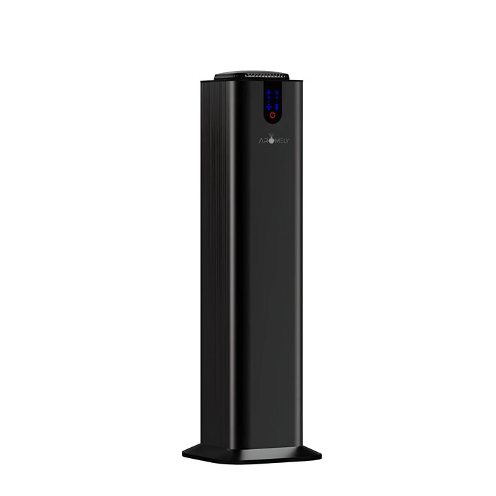 Aromely ARO-TOWER scent black diffuser to the side covers 3,000 sq ft with Bluetooth and cold air diffusion