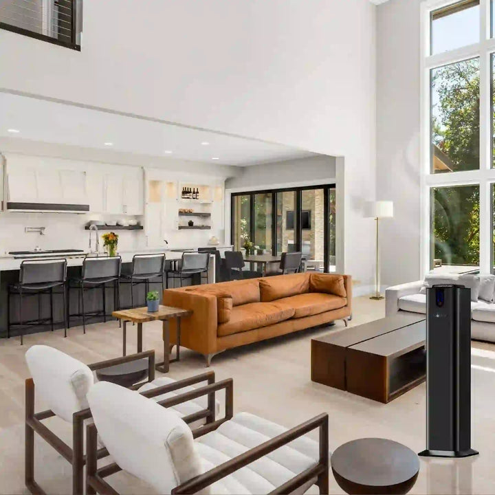 Aromely ARO-TOWER black scent diffuser covers 3,000 sq ft with Bluetooth and cold air diffusion standing