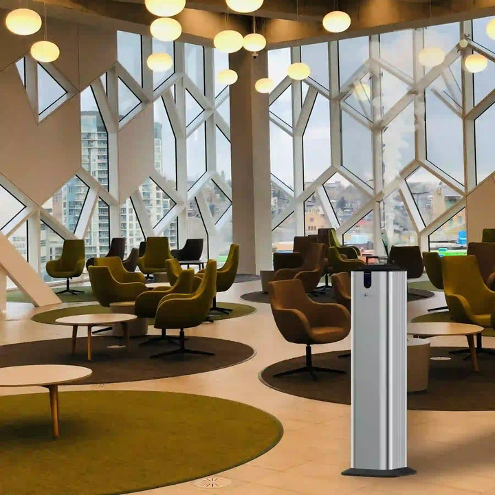 Aromely ARO-TOWER scent diffuser covers 3,000 sq ft with Bluetooth and cold air diffusion misting in a cafe