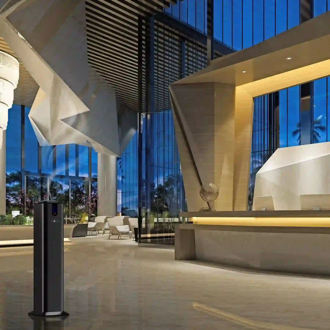 Aromely ARO-TOWER scent diffuser covers 3,000 sq ft with Bluetooth and cold air diffusion in hotel lobby