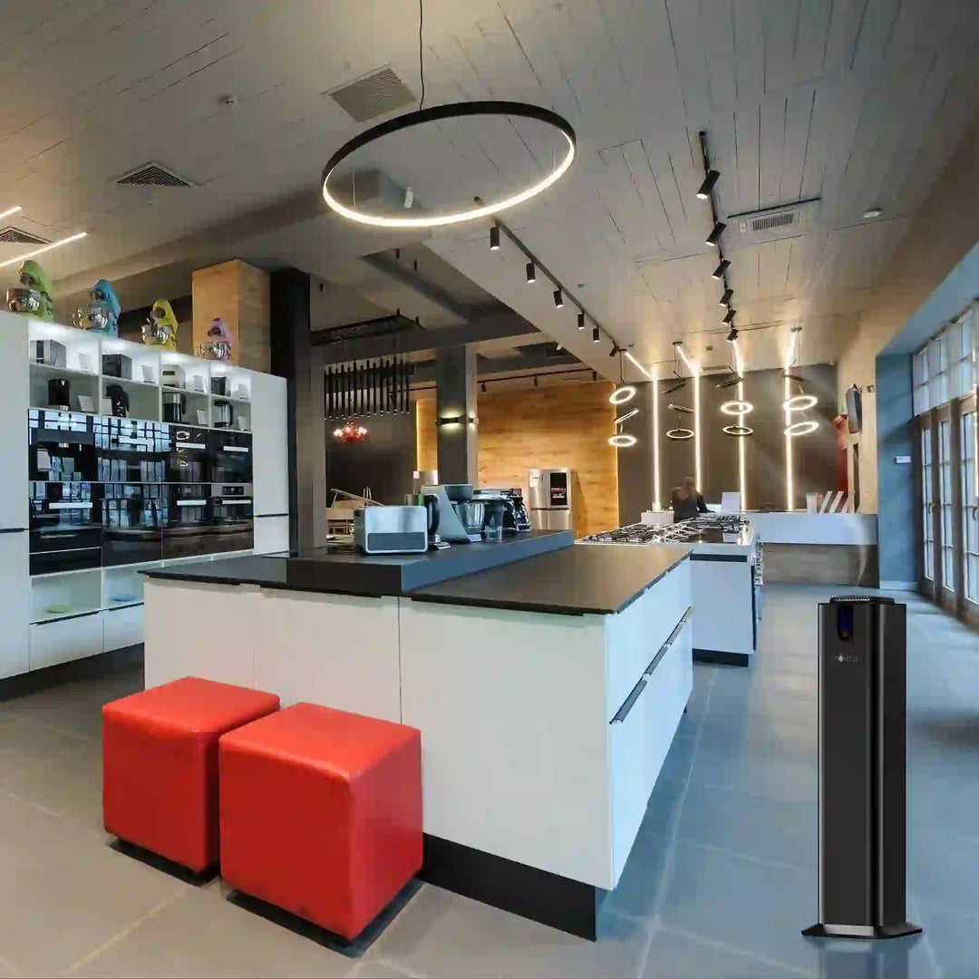 Aromely ARO-TOWER scent diffuser covers 3,000 sq ft with Bluetooth and cold air diffusion in kitchen