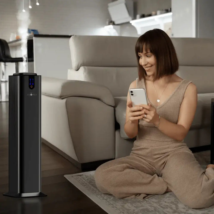 Aromely ARO-TOWER scent diffuser covers 3,000 sq ft with Bluetooth and cold air diffusion misting in living room