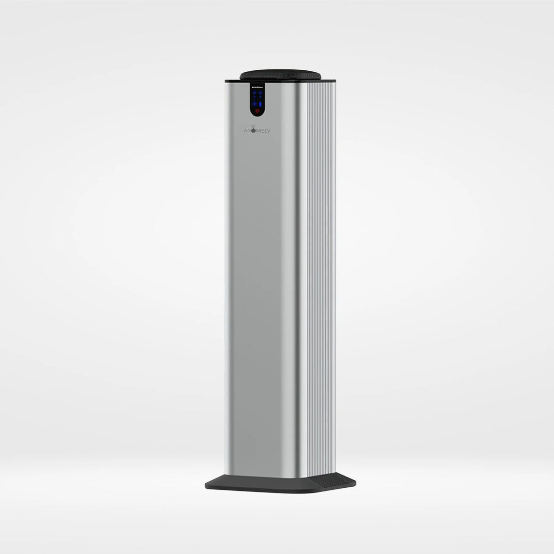 Aromely ARO-TOWER scent silver diffuser to the side covers 3,000 sq ft with Bluetooth and cold air diffusion