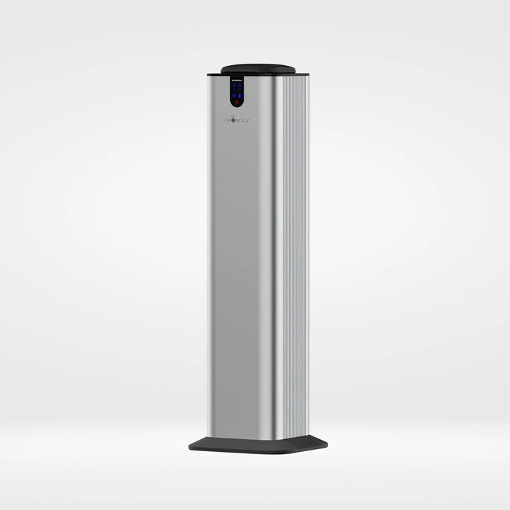 Aromely ARO-TOWER scent silver diffuser to the side covers 3,000 sq ft with Bluetooth and cold air diffusion
