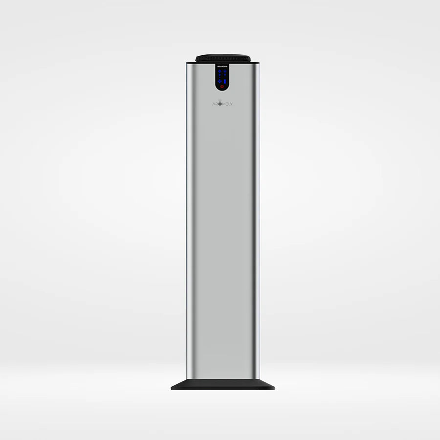 Aromely ARO-TOWER silver scent diffuser covers 3,000 sq ft with Bluetooth and cold air diffusion