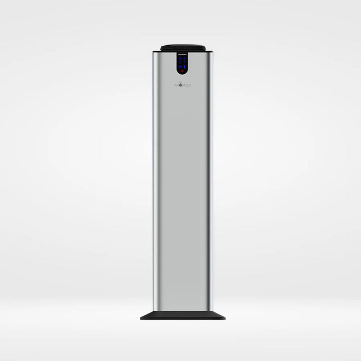 Aromely ARO-TOWER silver scent diffuser covers 3,000 sq ft with Bluetooth and cold air diffusion