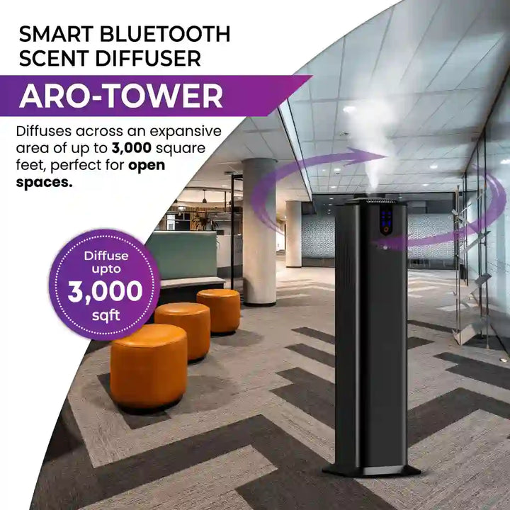 Aromely ARO-TOWER scent diffuser covers 3,000 sq ft with Bluetooth and cold air diffusion specifications