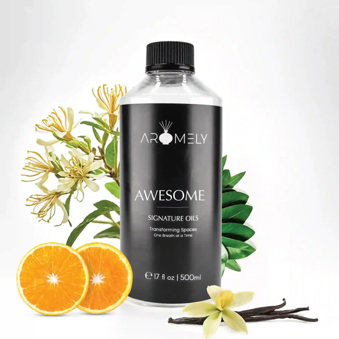 Aromely Awesome diffuser oil 500ml bottle with orange, vanilla, honeysuckle and green leaves