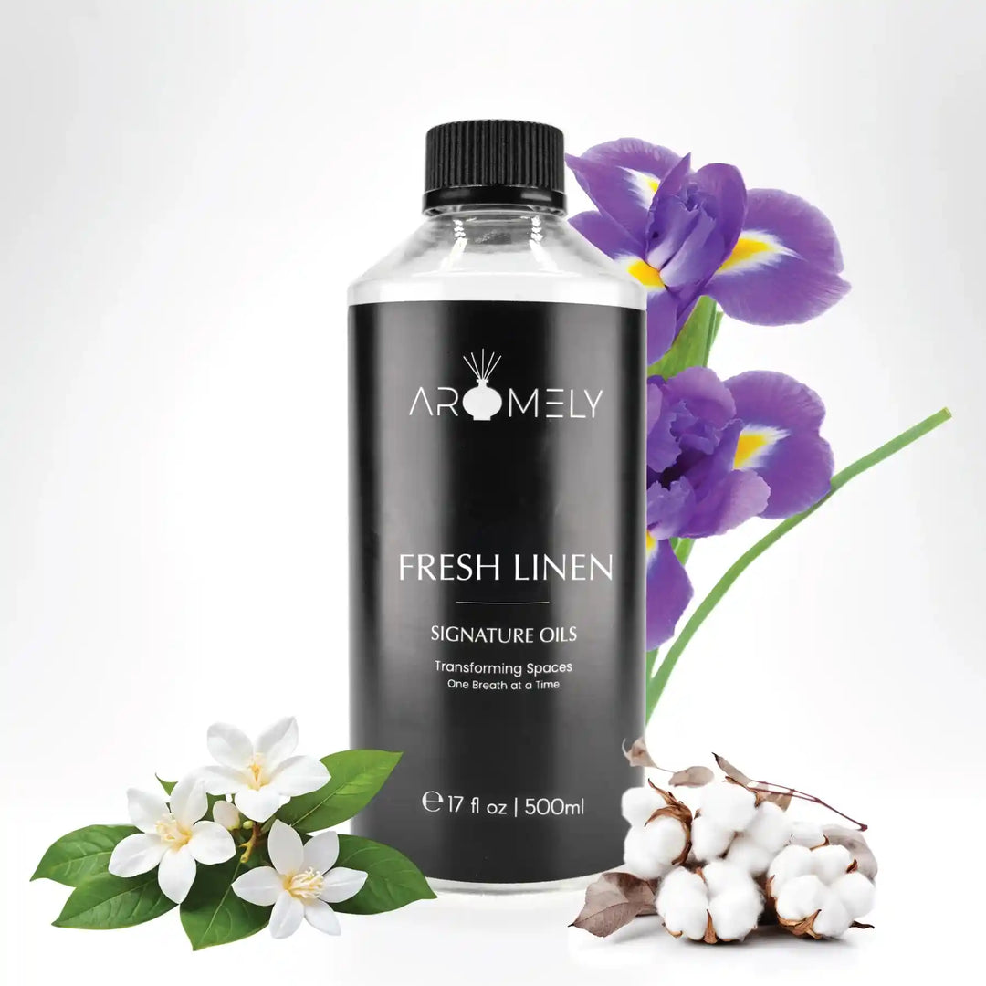 Aromely Fresh Linen diffuser oil 500ml bottle with cotton, jasmine and purple iris flowers