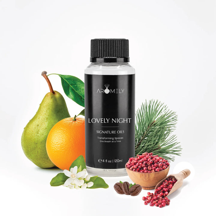 Aromely Lovely Night diffuser oil 120ml bottle with pear, orange, pine, pepper and coffee