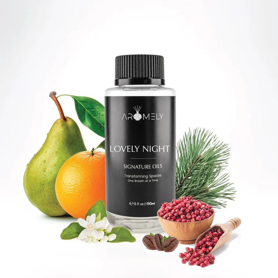 Aromely Lovely Night diffuser oil 150ml bottle with pear, orange, pine, pepper and coffee