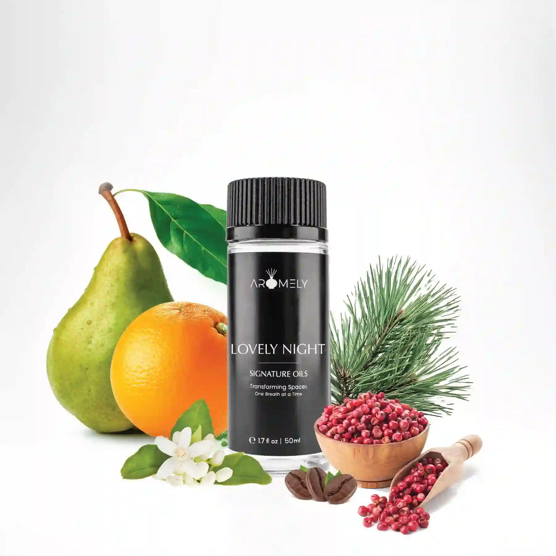Aromely Lovely Night diffuser oil 50ml bottle with pear, orange, pine, pepper and coffee