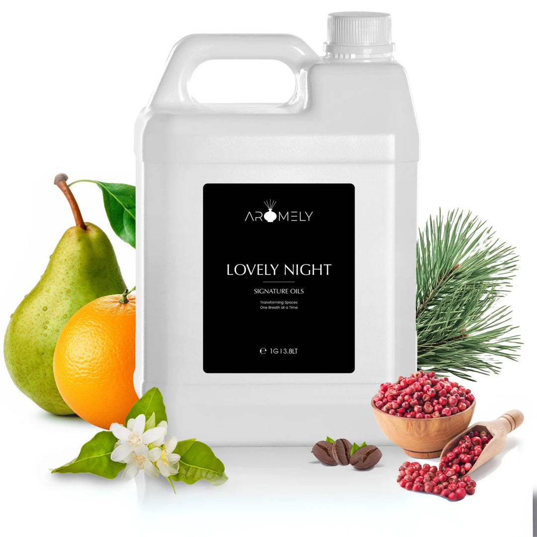 Aromely Lovely Night diffuser oil gallon bottle with pear, orange, pine, pepper and coffee
