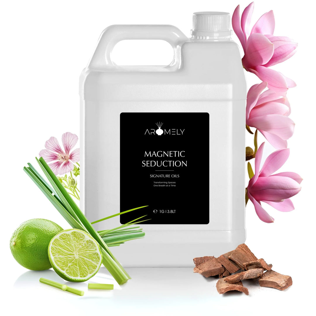 Aromely Magnetic Seduction diffuser oil gallon bottle with lime, lemongrass, magnolia and wood