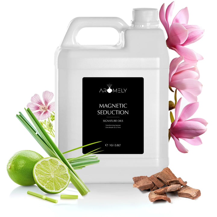 Aromely Magnetic Seduction diffuser oil gallon bottle with lime, lemongrass, magnolia and wood