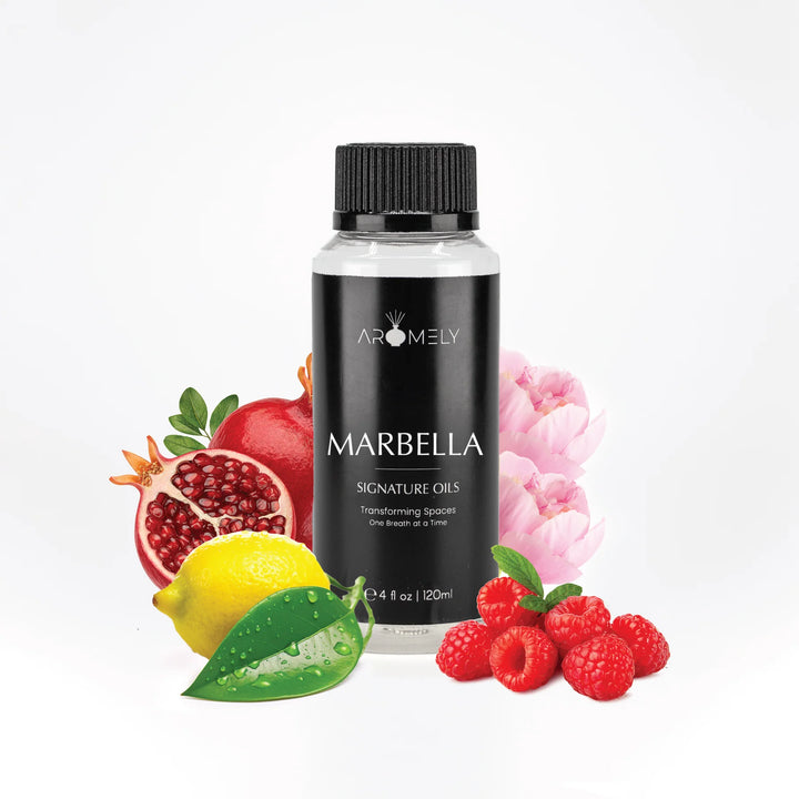 Aromely Marbella diffuser oil 120ml bottle with pomegranate, lemon, raspberry and peony