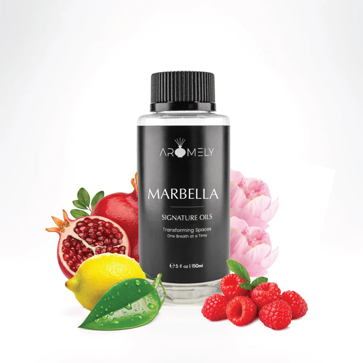 Aromely Marbella diffuser oil 150ml bottle with pomegranate, lemon, raspberry and peony