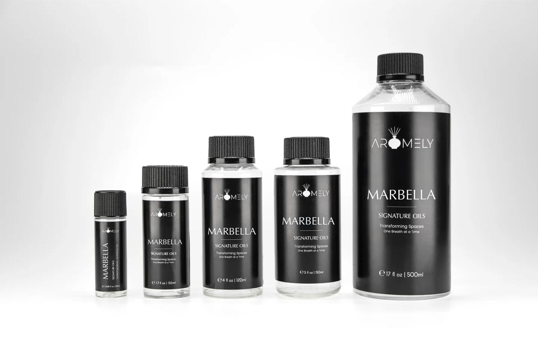Aromely Marbella diffuser oil  bottle sizes with pomegranate, lemon, raspberry and peony