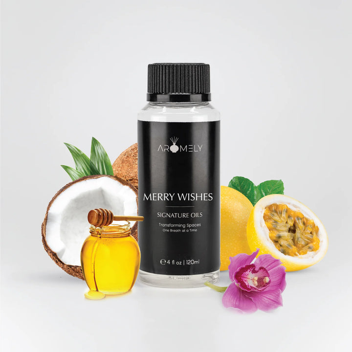 Aromely Merry Wishes diffuser oil 120ml bottle with coconut, honey, passionfruit, lemon and orchid