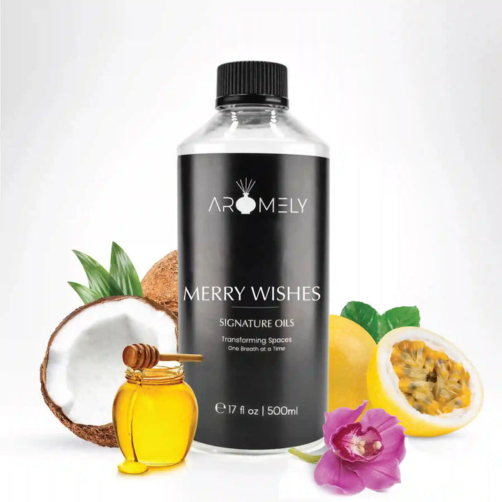 Aromely Merry Wishes diffuser oil 500ml bottle with coconut, honey, passionfruit, lemon and orchid