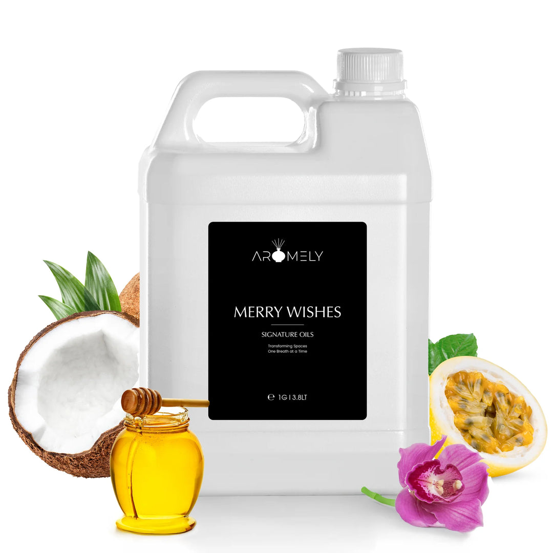 Aromely Merry Wishes diffuser oil Gallon bottle with coconut, honey, passionfruit, lemon and orchid