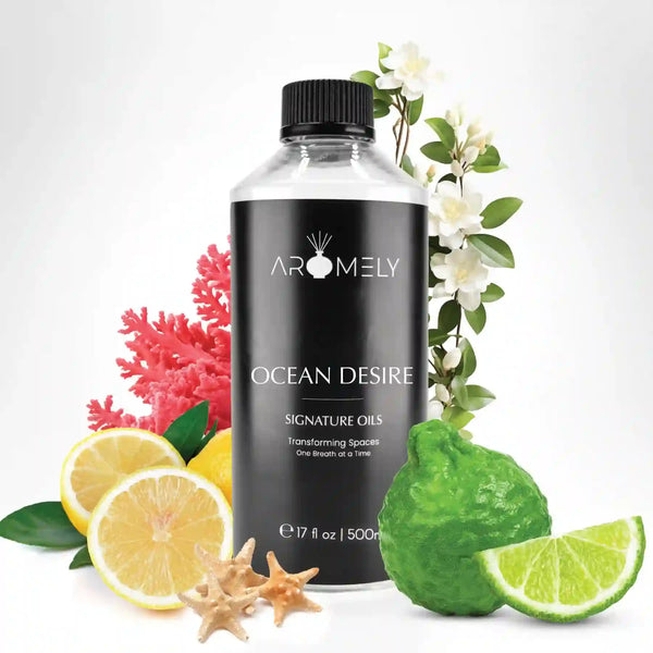 Aromely Ocean Desire diffuser oil 500ml bottle with lemon, lime, white florals and bergamot