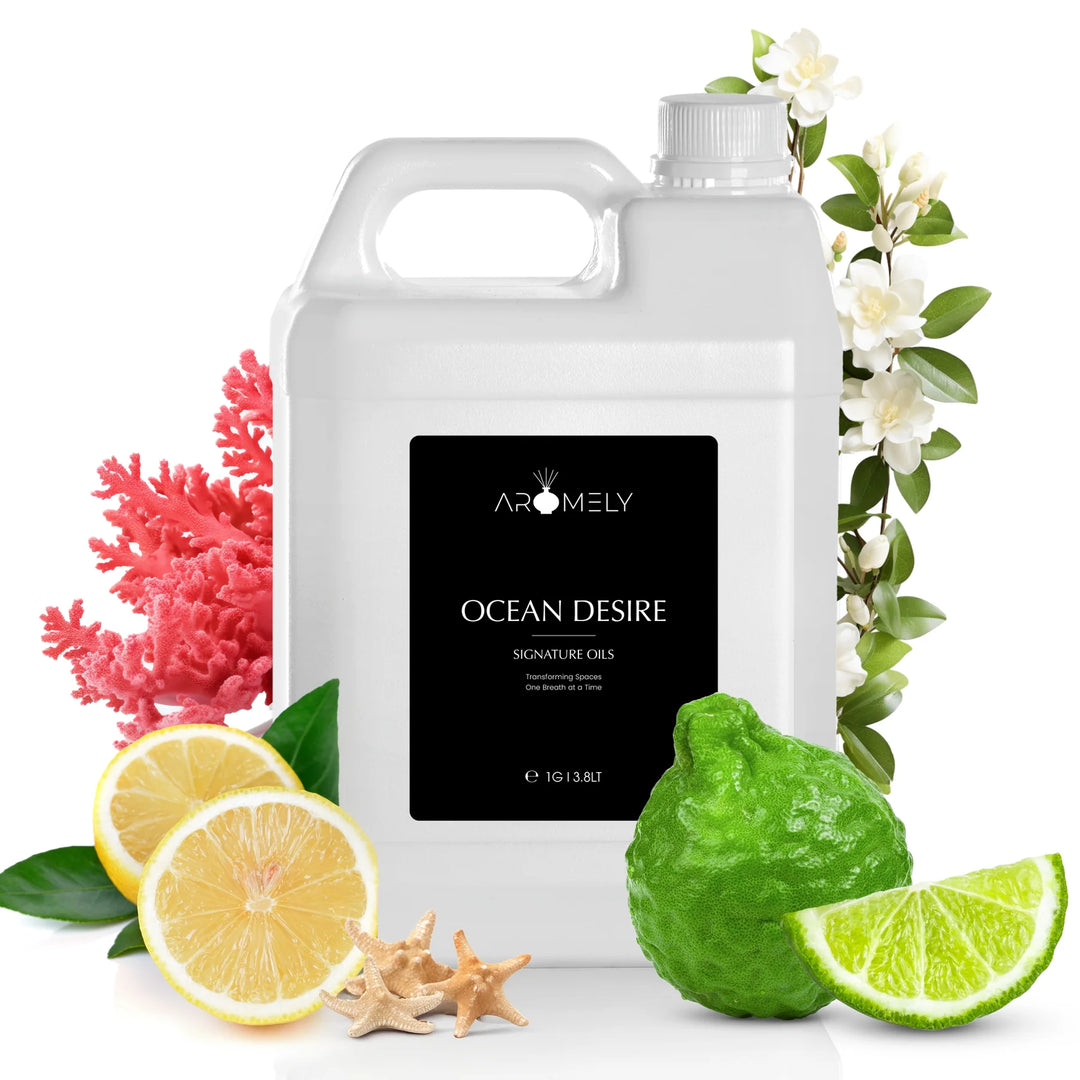 Aromely Ocean Desire diffuser oil gallon bottle with lemon, lime, white florals and bergamot
