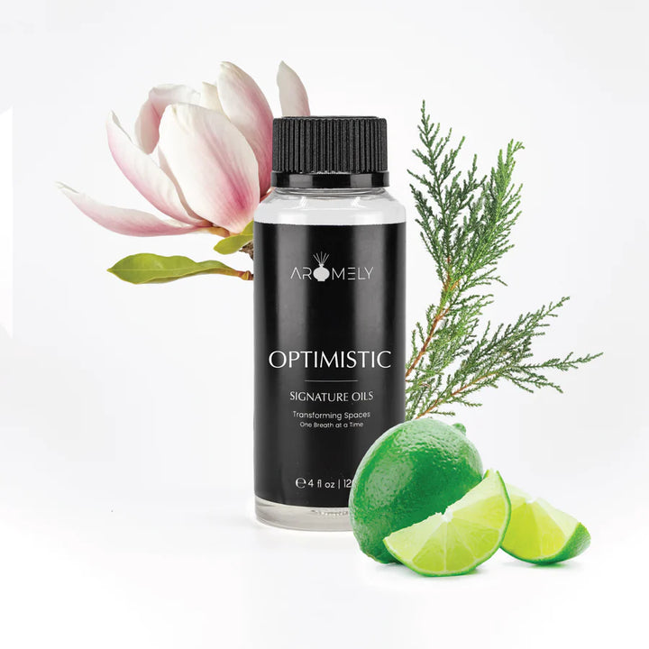 Aromely Optimistic diffuser oil 120ml bottle with lime, magnolia, cedarwood and fresh notes