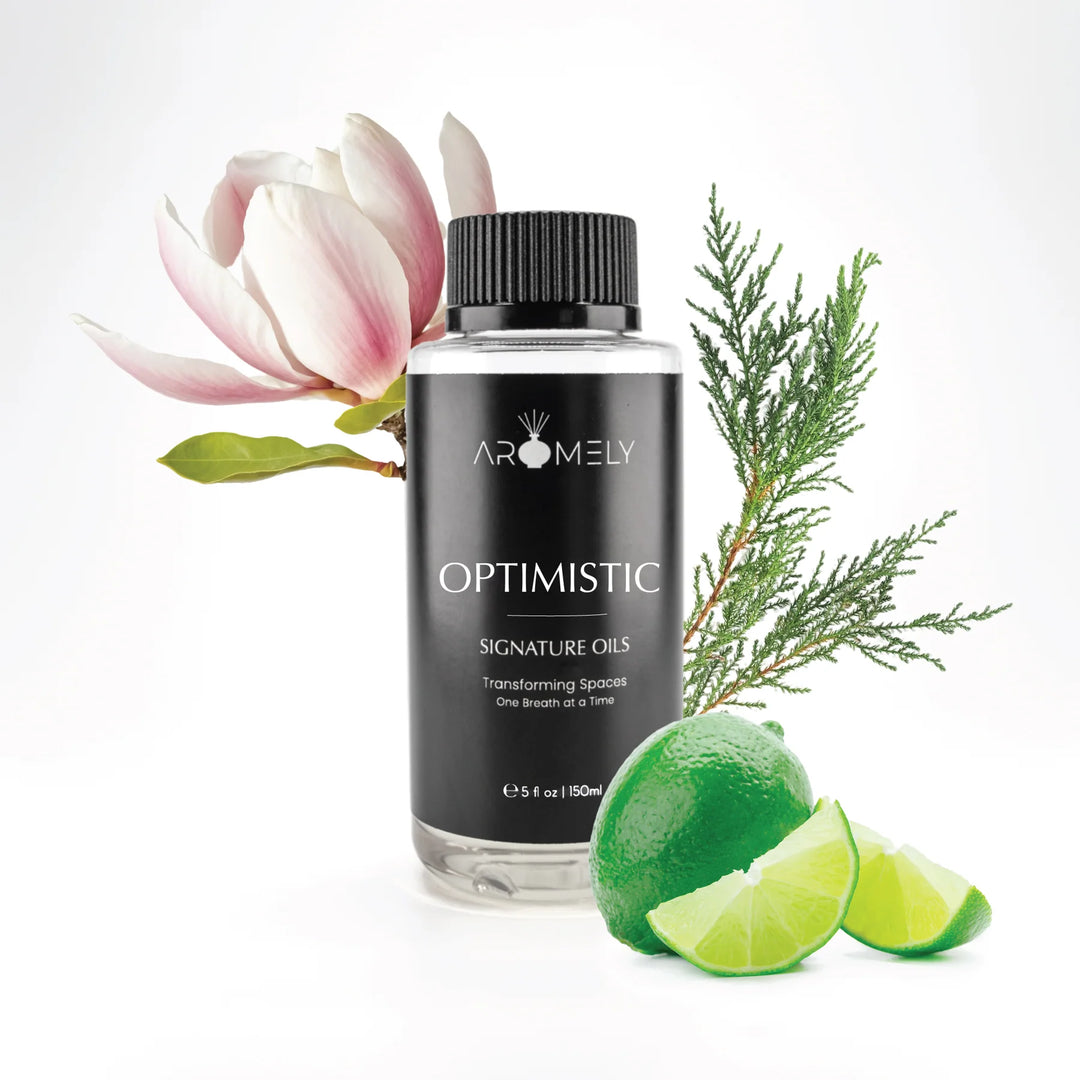 Aromely Optimistic diffuser oil 150ml bottle with lime, magnolia, cedarwood and fresh notes