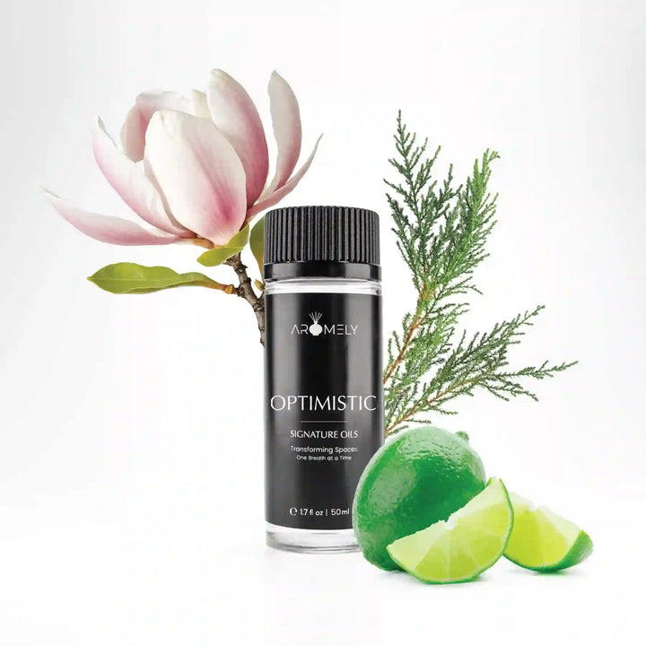 Aromely Optimistic diffuser oil 50ml bottle with lime, magnolia, cedarwood and fresh notes
