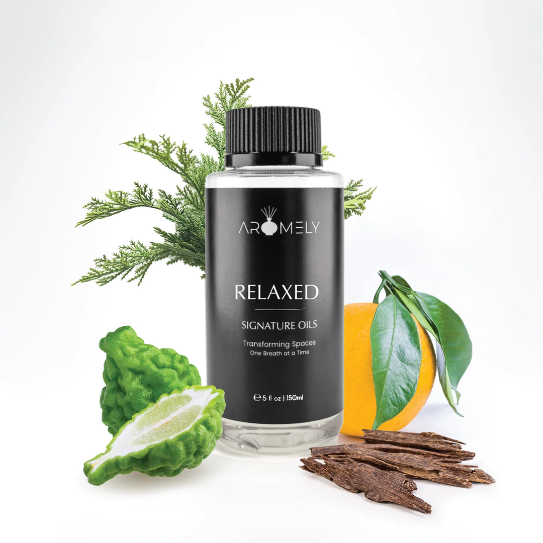 Aromely Relaxed diffuser oil 150ml bottle with bergamot, orange, cedarwood and herbal notes