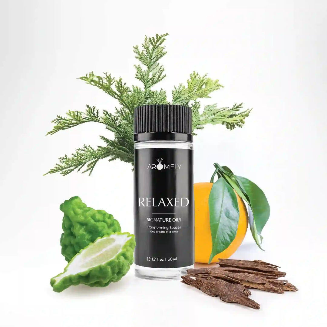 Aromely Relaxed diffuser oil 50ml bottle with bergamot, orange, cedarwood and herbal notes