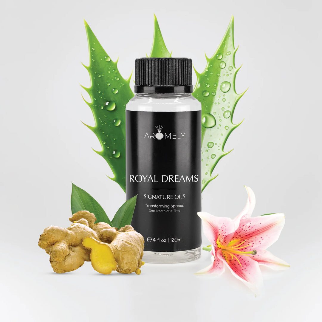 Aromely Royal Dreams diffuser oil 120ml bottle with aloe, ginger, lily and soothing botanical notes