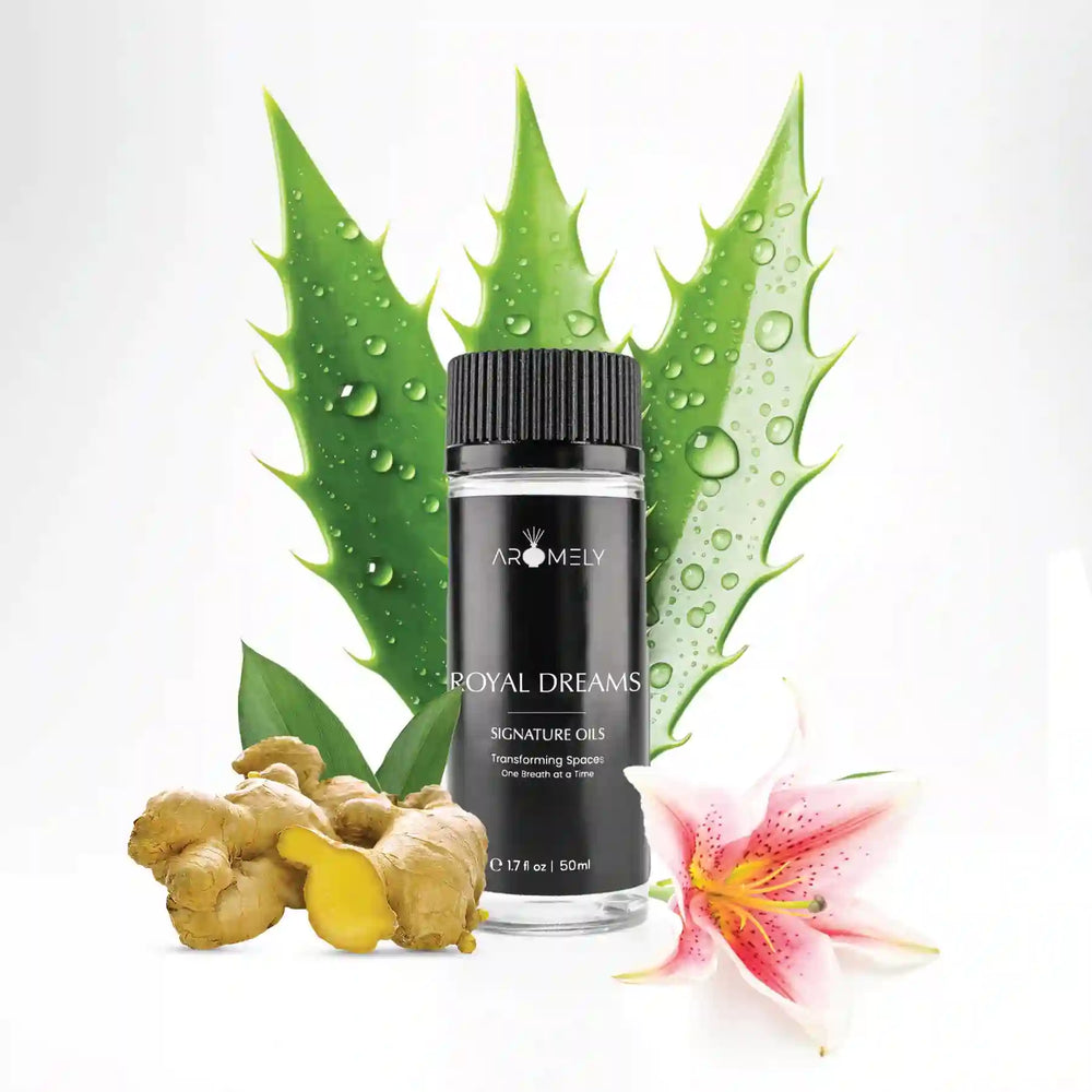 Aromely Royal Dreams diffuser oil 50ml bottle with aloe, ginger, lily and soothing botanical notes