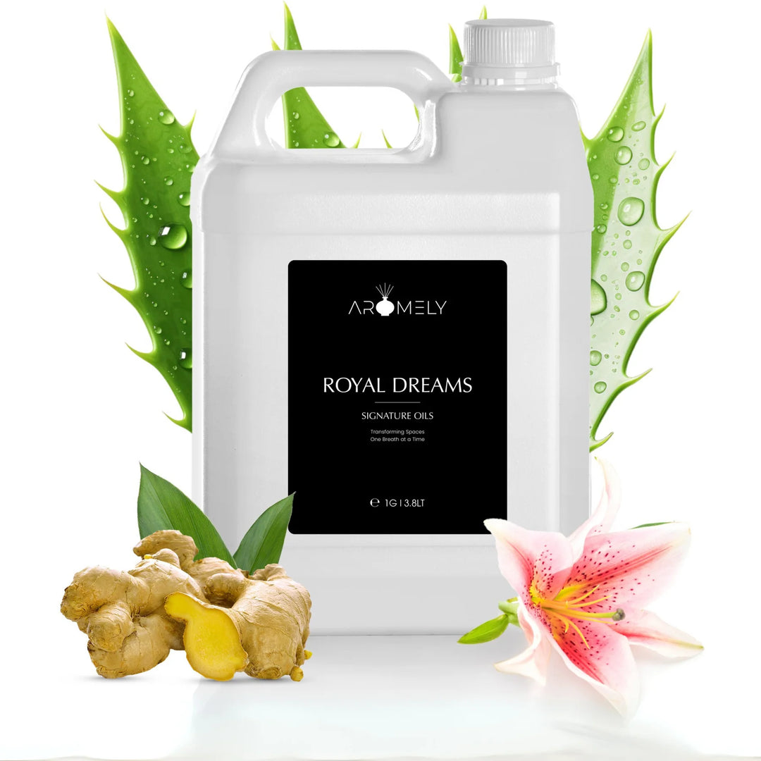 Aromely Royal Dreams diffuser oil gallon bottle with aloe, ginger, lily and soothing botanical notes