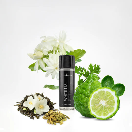 Aromely White Tea diffuser oil 20ml bottle with bergamot, jasmine, cardamom and herbs