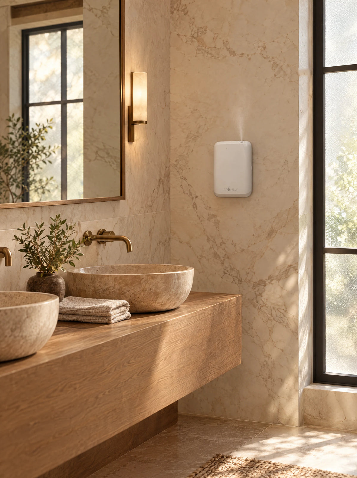 ARO LUX scent diffuser in white, wall-mounted beside the mirror in a hotel restroom