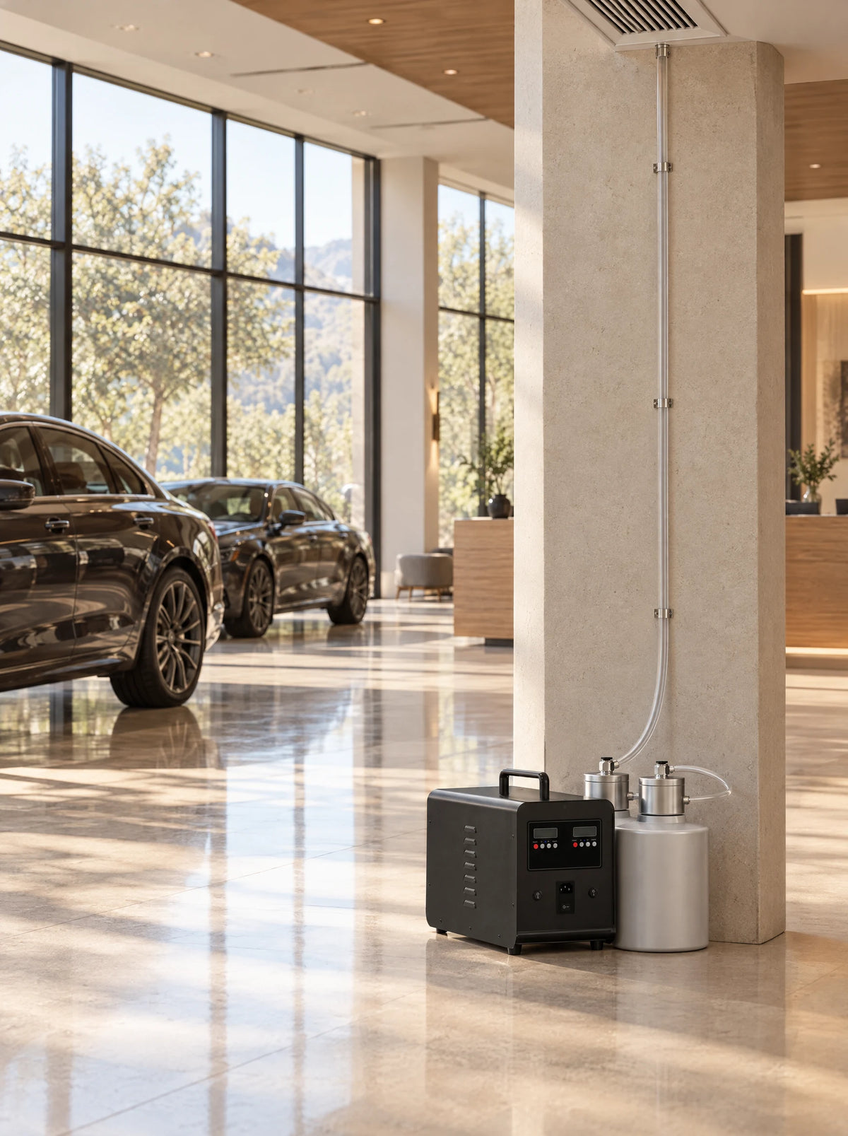 ARO VORTEX commercial scent diffuser beside a column in a car dealership showroom