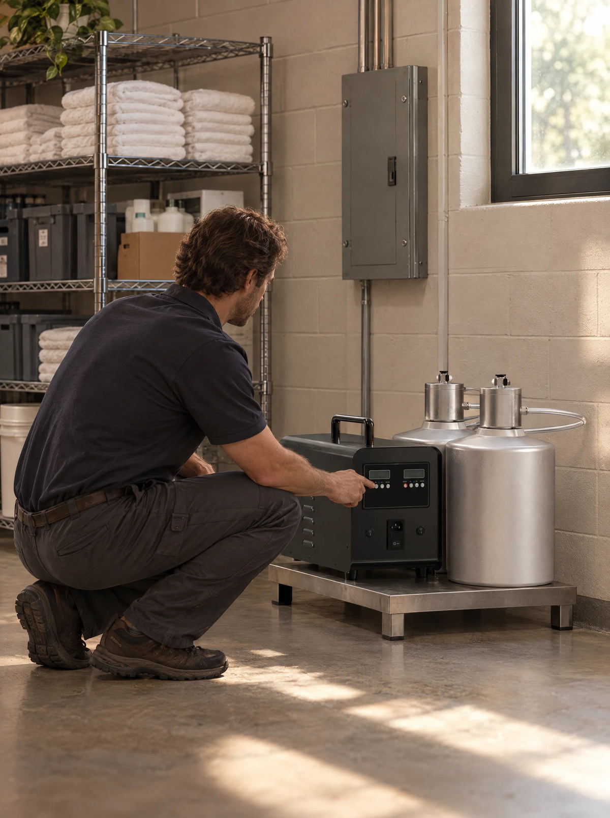 Facilities manager setting the schedule on the ARO VORTEX front panel in a gym utility room
