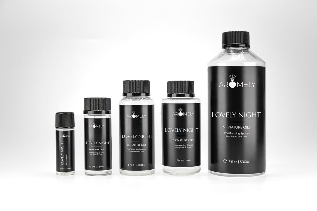 Aromely Lovely Night essential oil in all available sizes, a sensual and elegant fragrance with rich floral and musky notes for a luxurious environment.