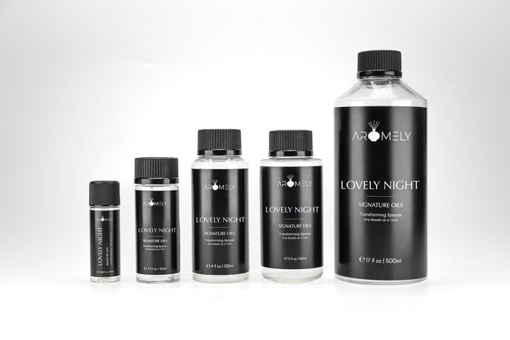 Aromely Lovely Night essential oil in all available sizes, a sensual and elegant fragrance with rich floral and musky notes for a luxurious environment.