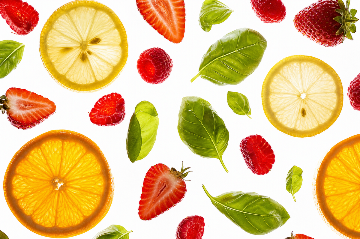 Strawberries, citrus slices and green leaves illustrating Joyful scent notes