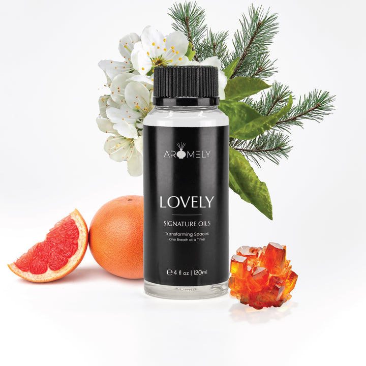 Lovely Night 120ml Aromely diffuser oil featuring a warm and inviting blend of ripe pear, fresh orange, pine, jasmine, and pink peppercorn. A sophisticated and cozy evening fragrance for home or office.