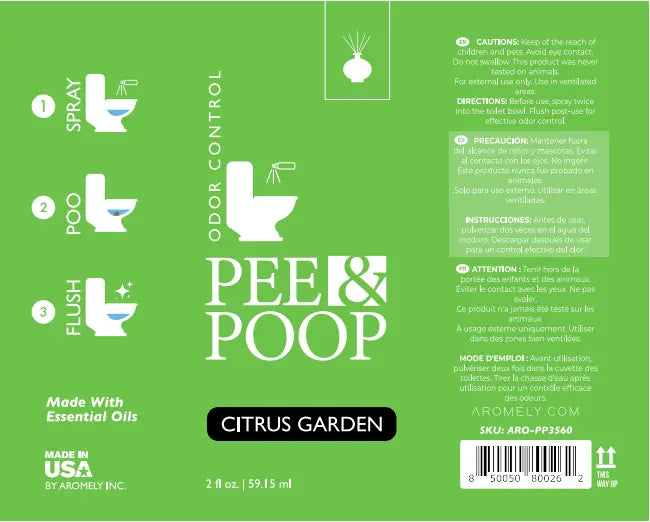 Pee & Poop Citrus Garden toilet spray label showing spray-poo-flush instructions and caution info