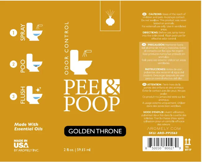 Pee & Poop Golden Throne toilet spray label with spray-poo-flush steps and usage instructions