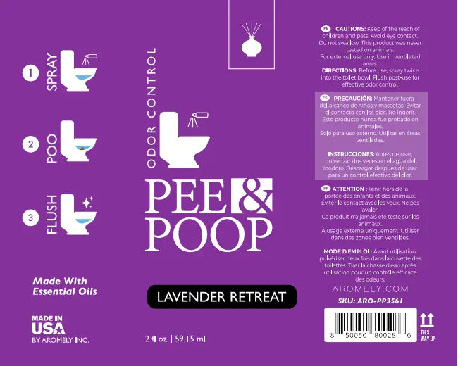 Pee & Poop Lavender Retreat toilet spray label with lavender color, usage steps and safety info