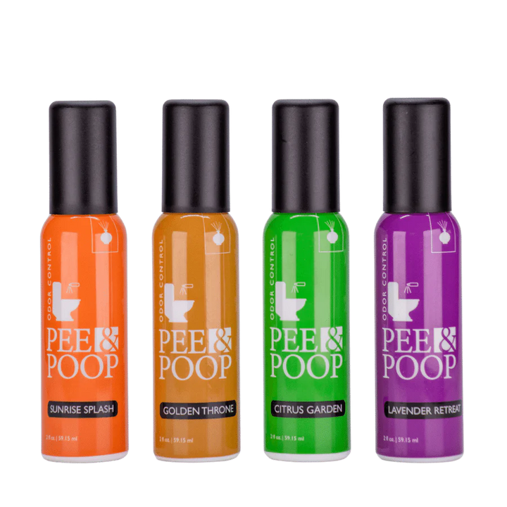 Aromely Pee & Poop toilet spray 2oz bottles in Sunrise Splash, Golden Throne, Citrus Garden, Lavender