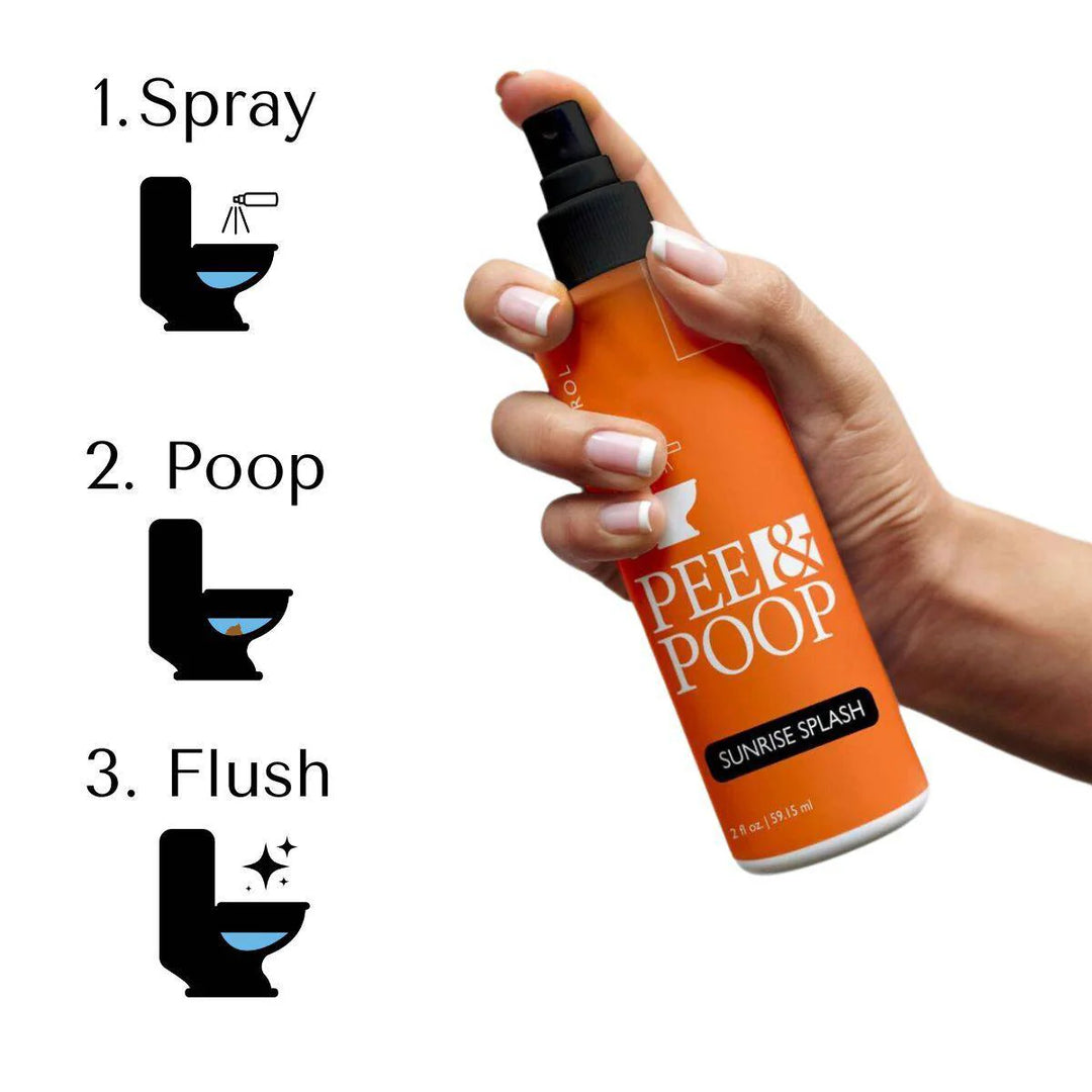 Hand holding Aromely Pee & Poop Sunrise Splash toilet spray with 3-step usage guide: spray, poop, flush
